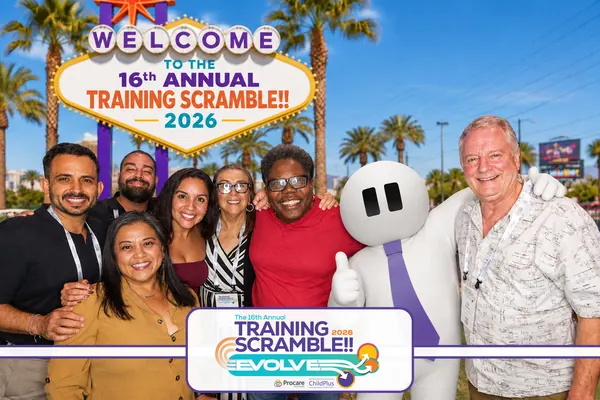 After photo: ChildPlus Mascot at the Vegas Sign, Procare ChildPlus Training Scramble 2026