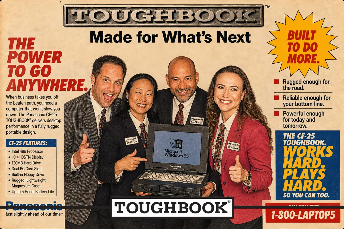 The custom AI photo the same guests got back, Toughbook 90s Print Ad, with the event branding
