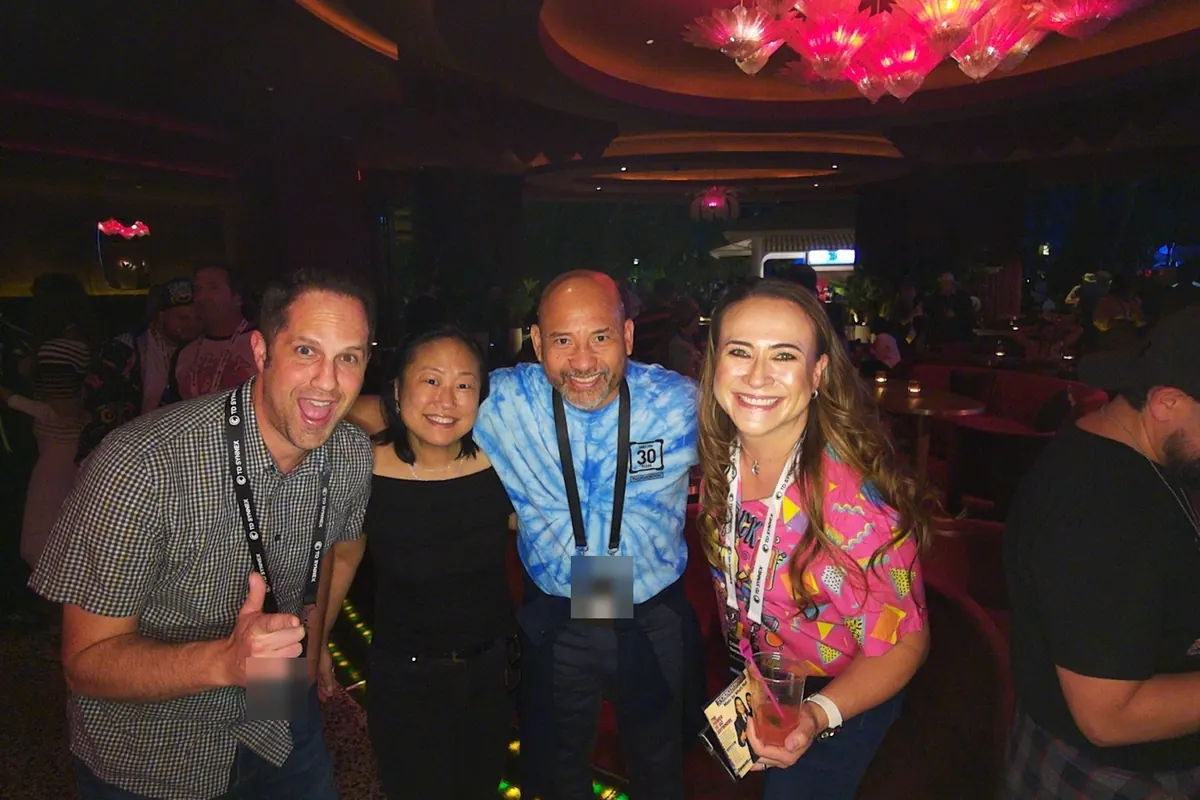 Guests posing at the PicBot at the Panasonic Toughbook 90s Party, the photo the PicBot took