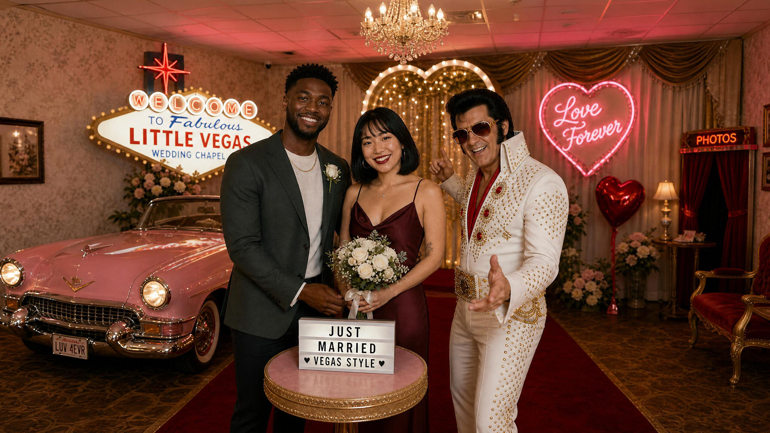 AI photo booth sample — couple at a Las Vegas wedding chapel with an Elvis impersonator and a pink Cadillac