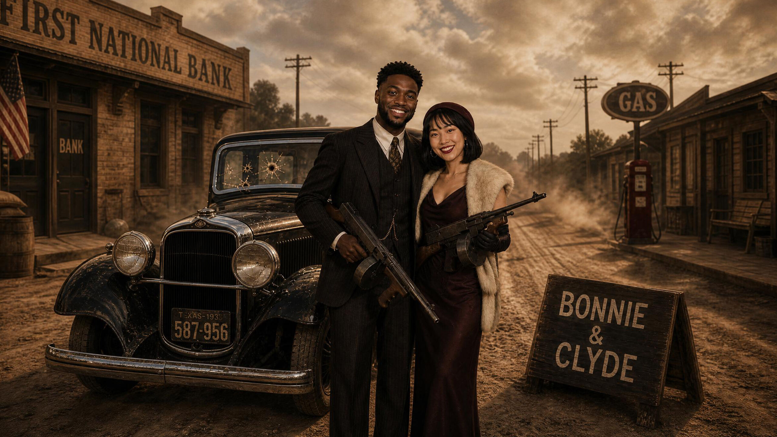 AI photo booth sample — couple styled as Bonnie and Clyde with vintage car and bank backdrop