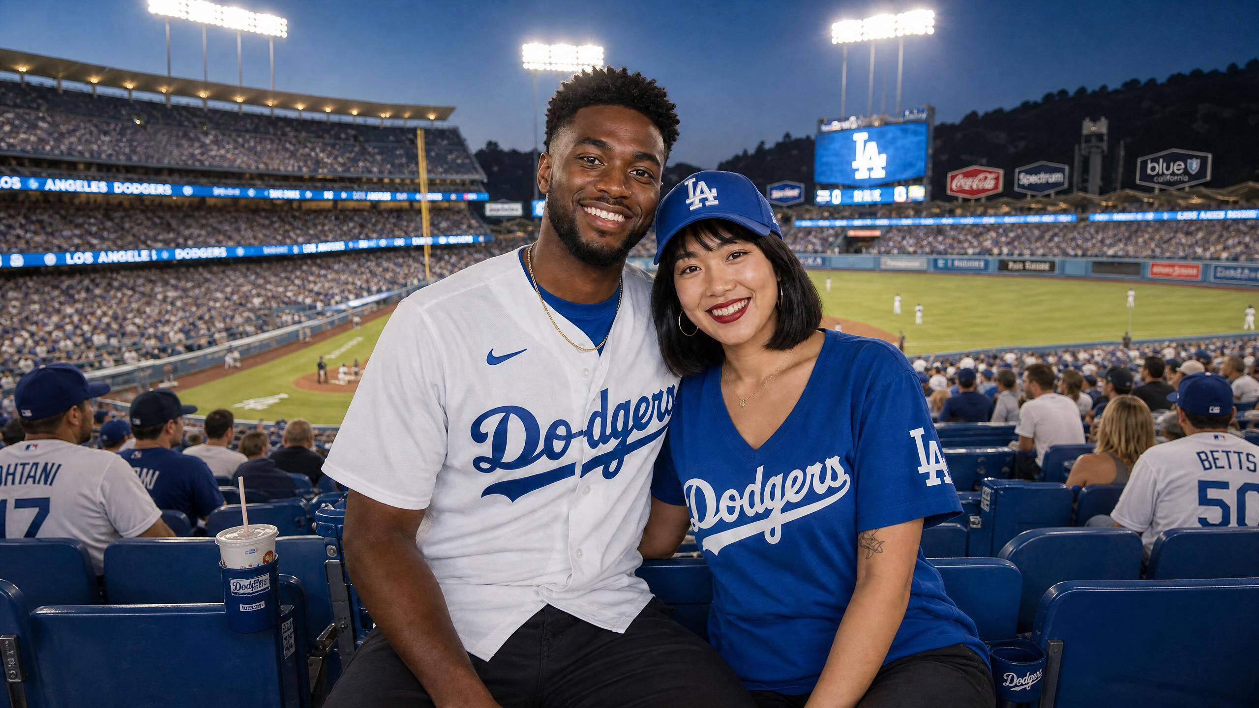 AI photo booth sample — couple in Dodgers jerseys at Dodger Stadium