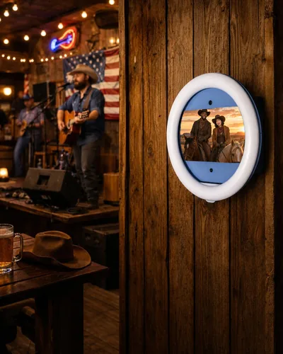 PicBot mounted on the wall of a country bar with a live band and American flag