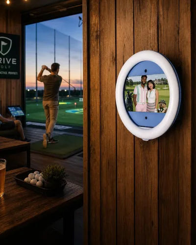 PicBot mounted on the wall of an indoor driving range bar