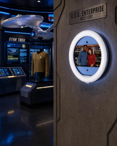 PicBot mounted at a Star Trek museum exhibit next to the U.S.S. Enterprise