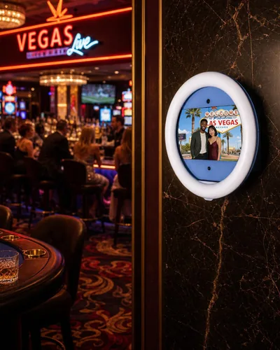 PicBot mounted on a marble wall in a Las Vegas casino lounge