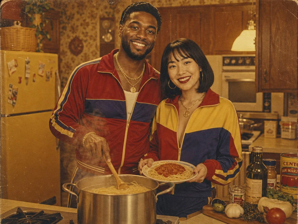 1970s Mafia Kitchen Spaghetti — AI photo booth effect, Couple rendering