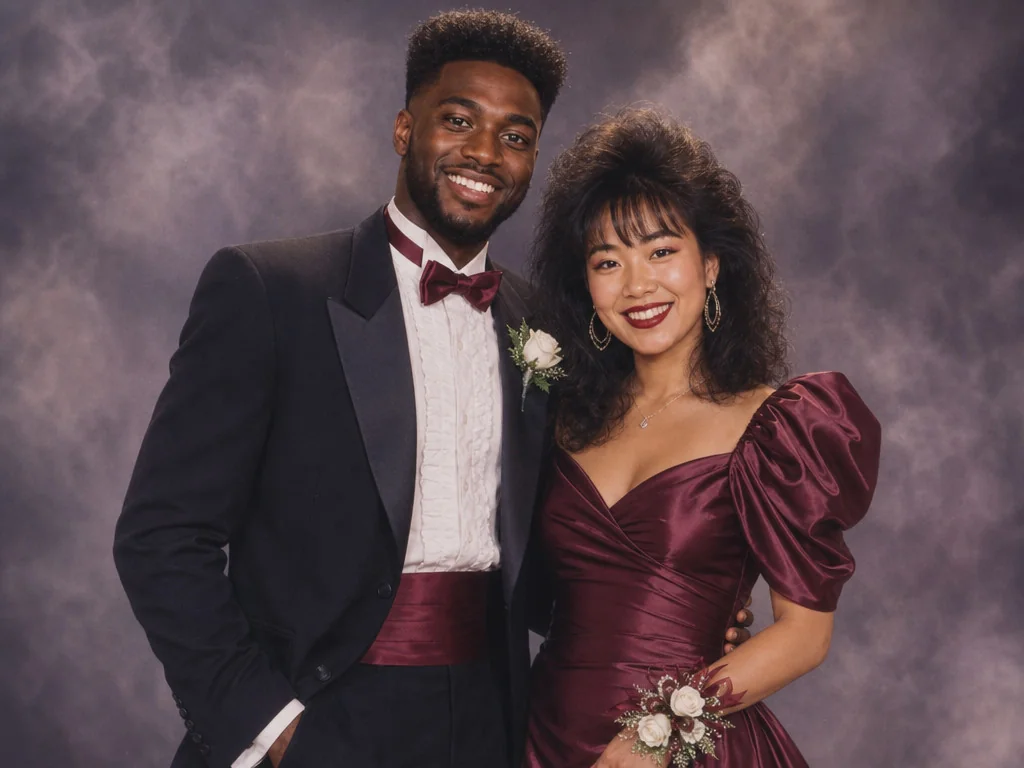 1980s Prom Portrait — AI photo booth effect, Couple rendering