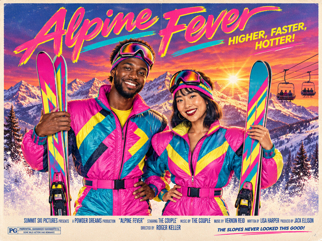 1980s Ski Movie Poster: AI photo booth effect, Couple rendering