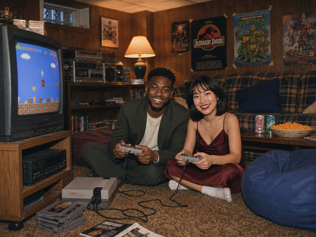 1990s Basement Game Night — AI photo booth effect, Couple rendering