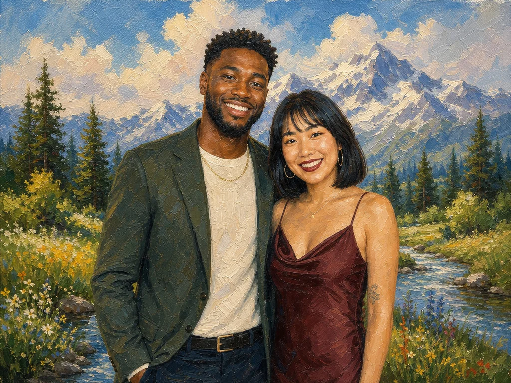 Bob Ross Landscape Painting — AI photo booth effect, Couple rendering