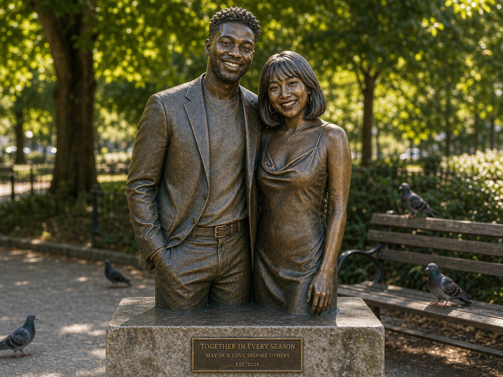 Bronze Park Statue — AI photo booth effect, Couple rendering