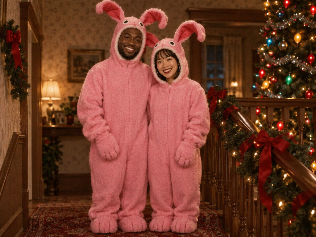 Pink Bunny Suit Christmas: AI photo booth effect, Couple rendering