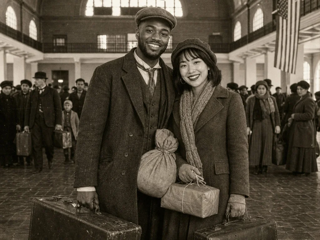 Ellis Island Arrival — AI photo booth effect, Couple rendering