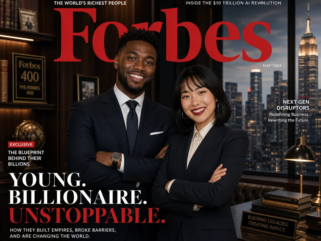Forbes Billionaire Cover — AI photo booth effect, Couple rendering