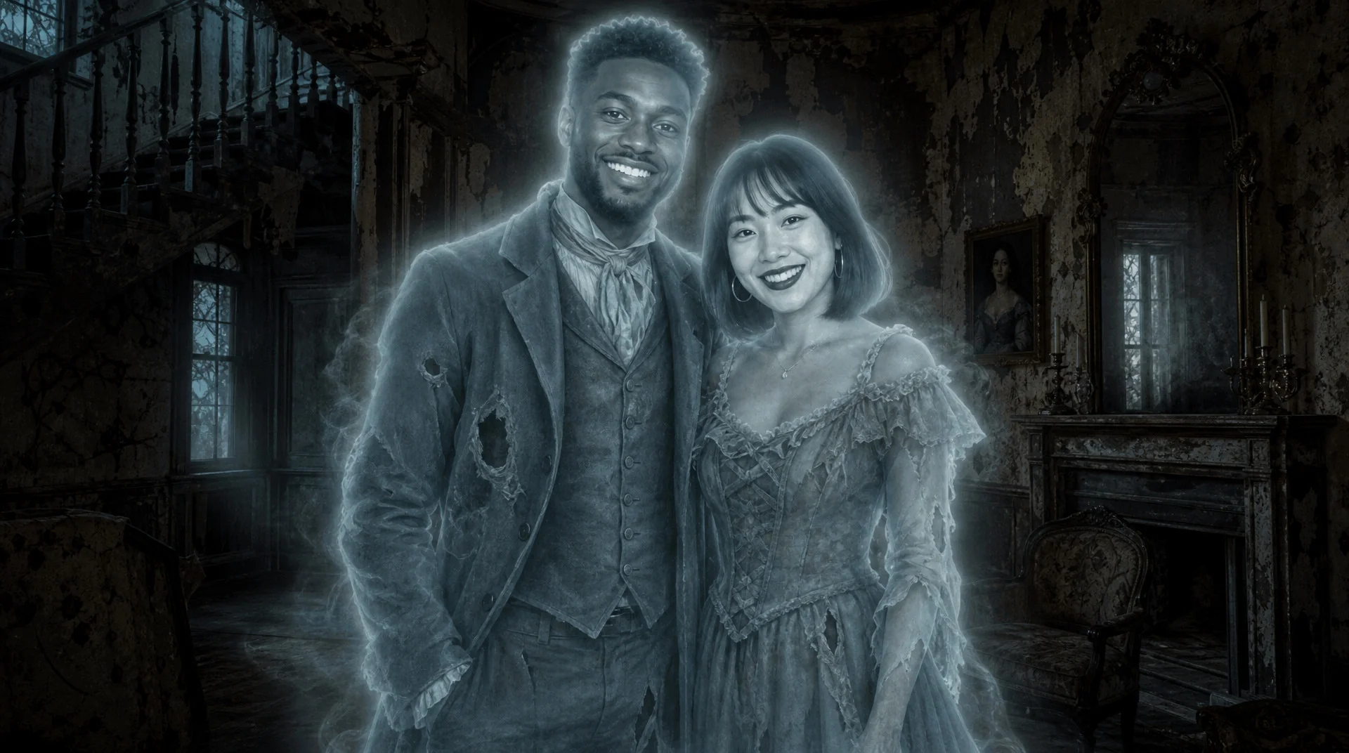 AI photo booth sample: a couple transformed into Victorian ghosts