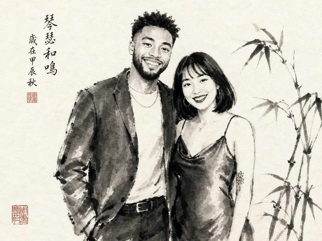 Ink Wash Asian Art — AI photo booth effect, Couple rendering
