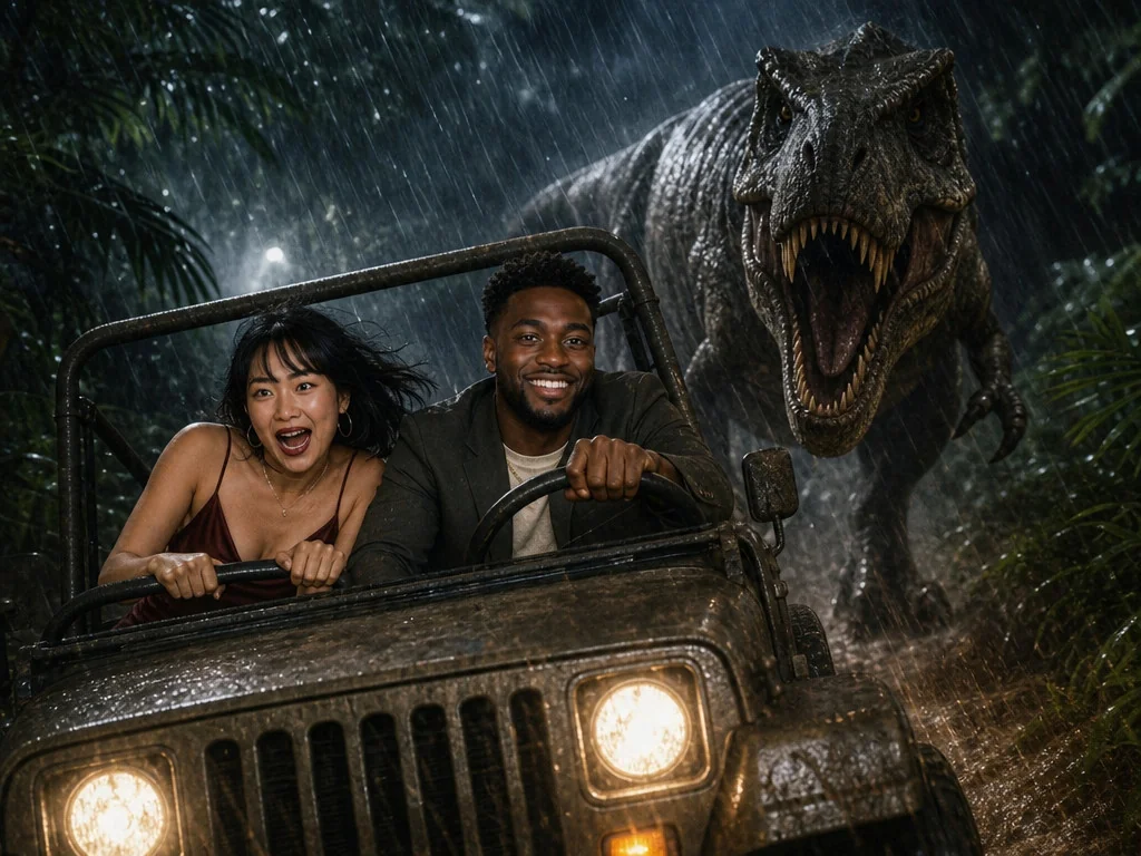 Jurassic Park T-Rex Chase — AI photo booth effect, Couple rendering