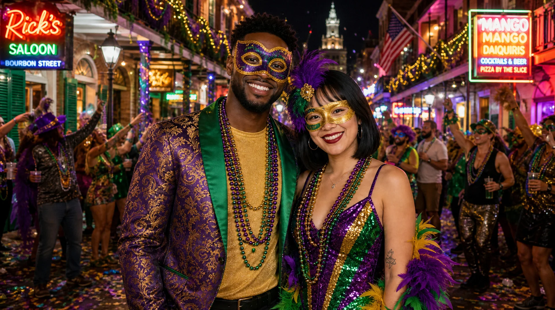 AI photo booth sample: a couple at Mardi Gras on Bourbon Street