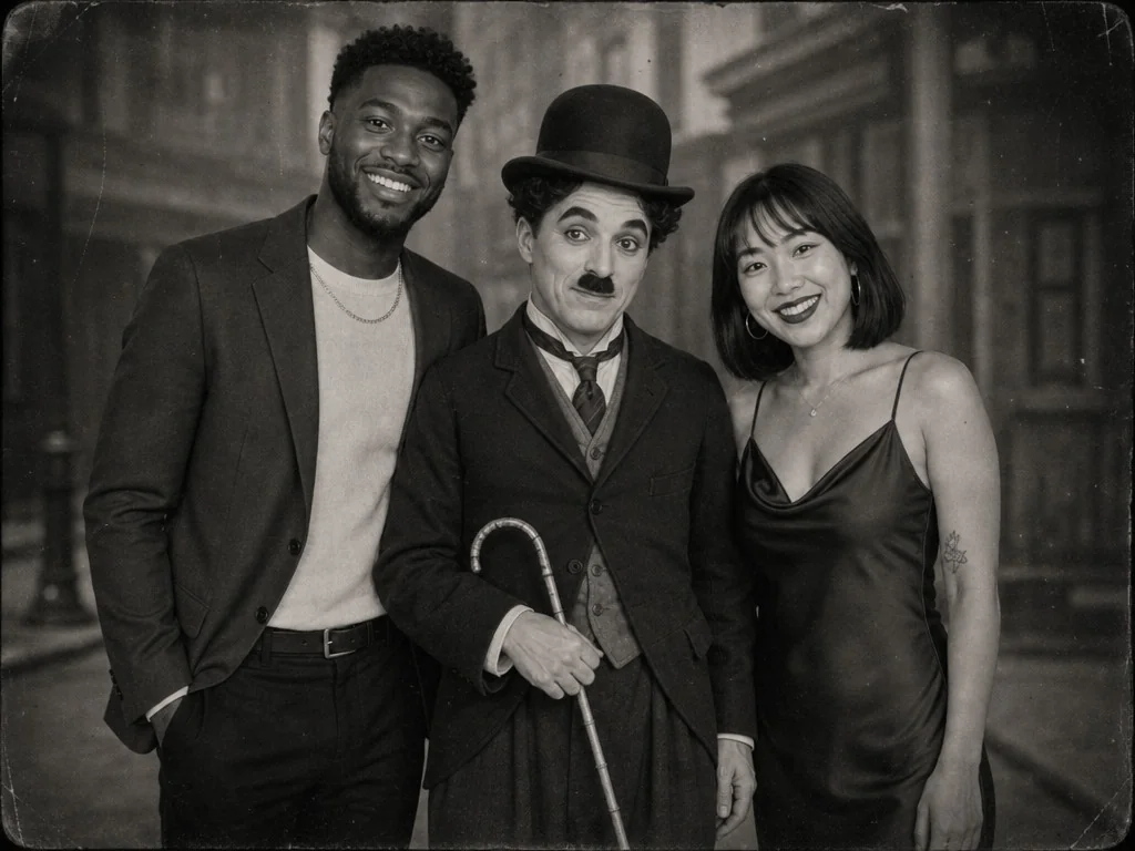 Pose with Charlie Chaplin — AI photo booth effect, Couple rendering