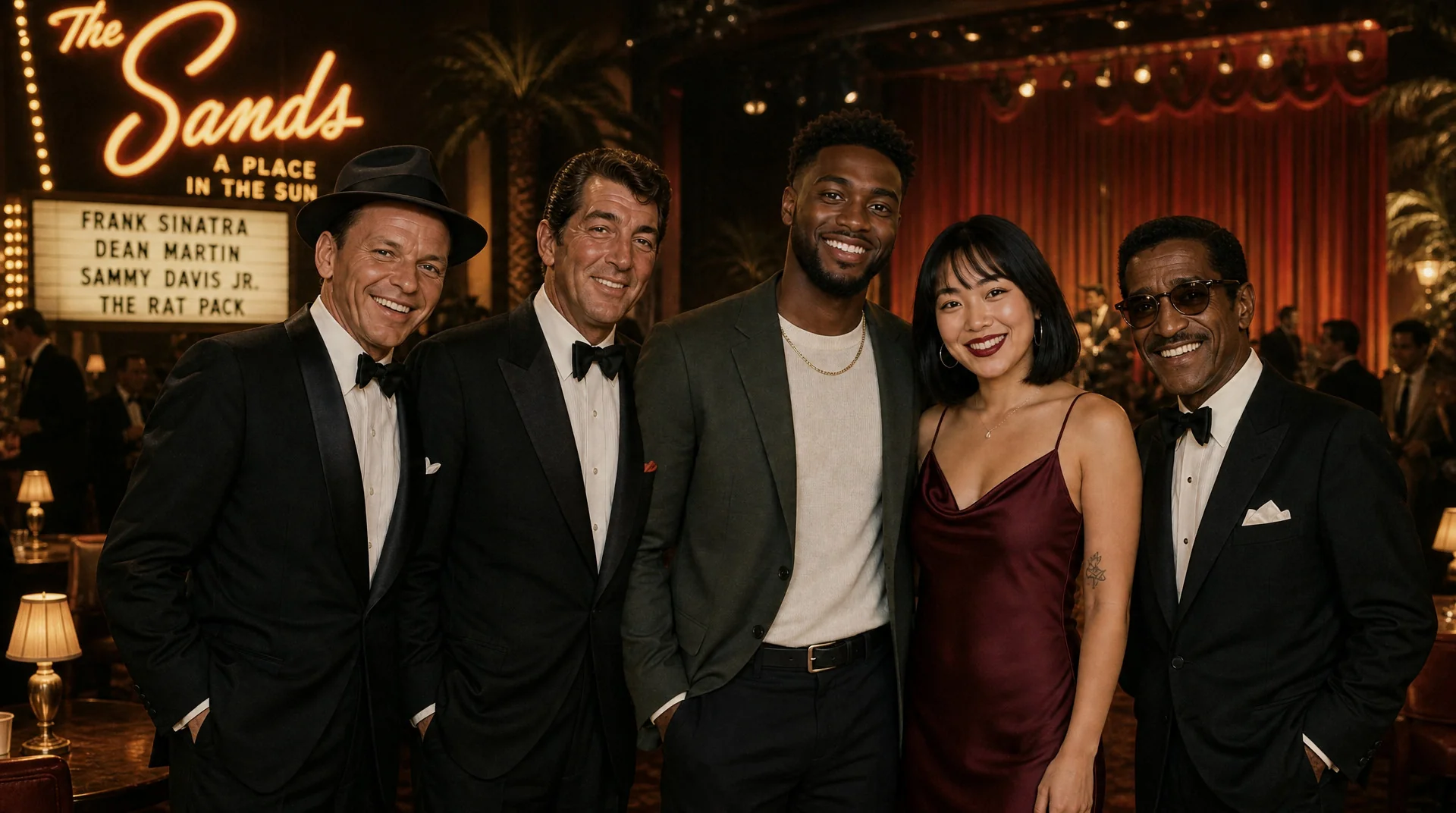 AI photo booth sample: a couple posing with the Rat Pack in Las Vegas