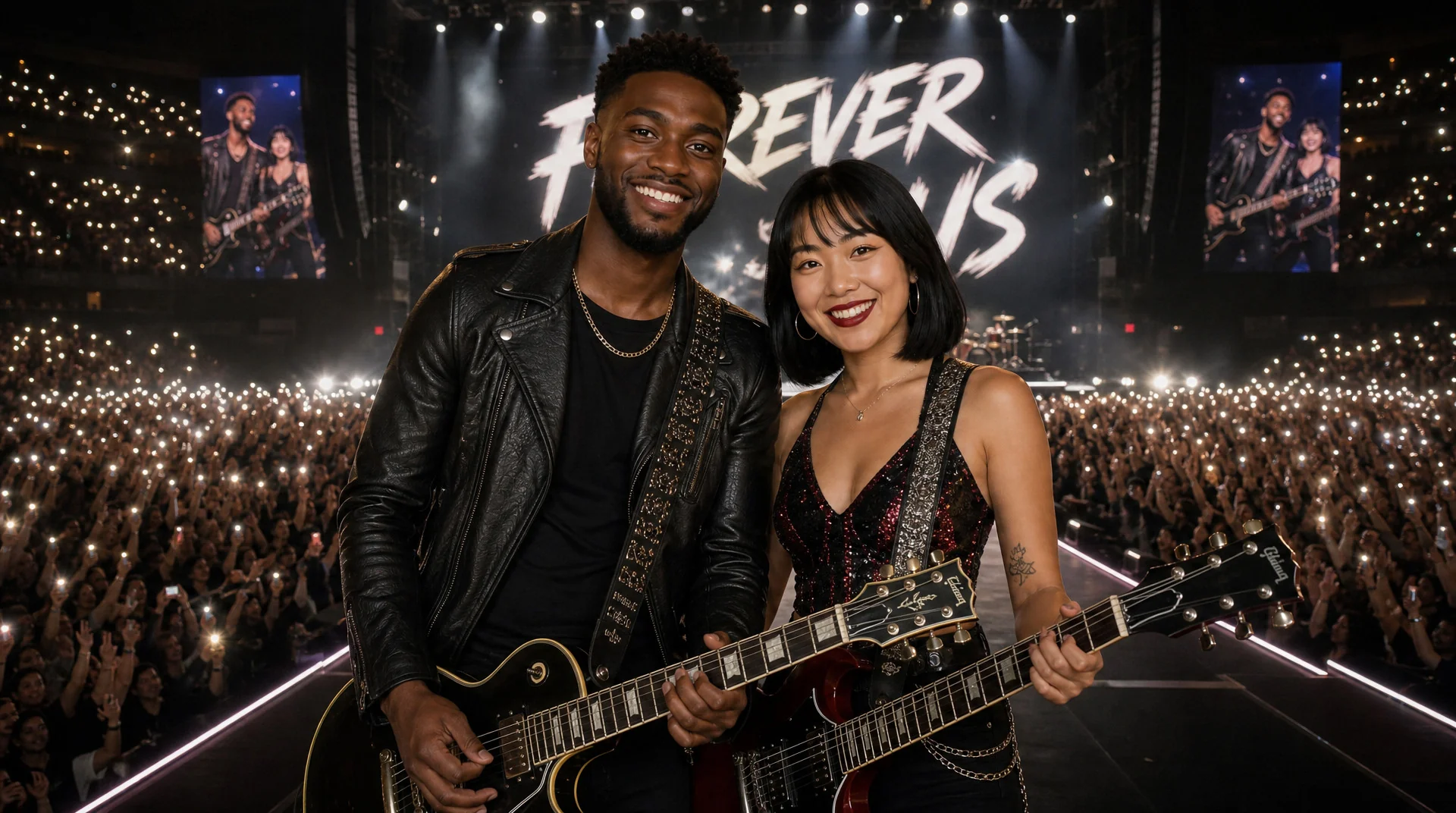AI photo booth sample: a couple as rock stars on stage