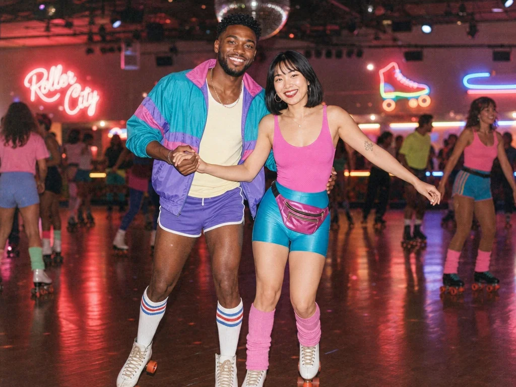 Rollerskating 1980s — AI photo booth effect, Couple rendering