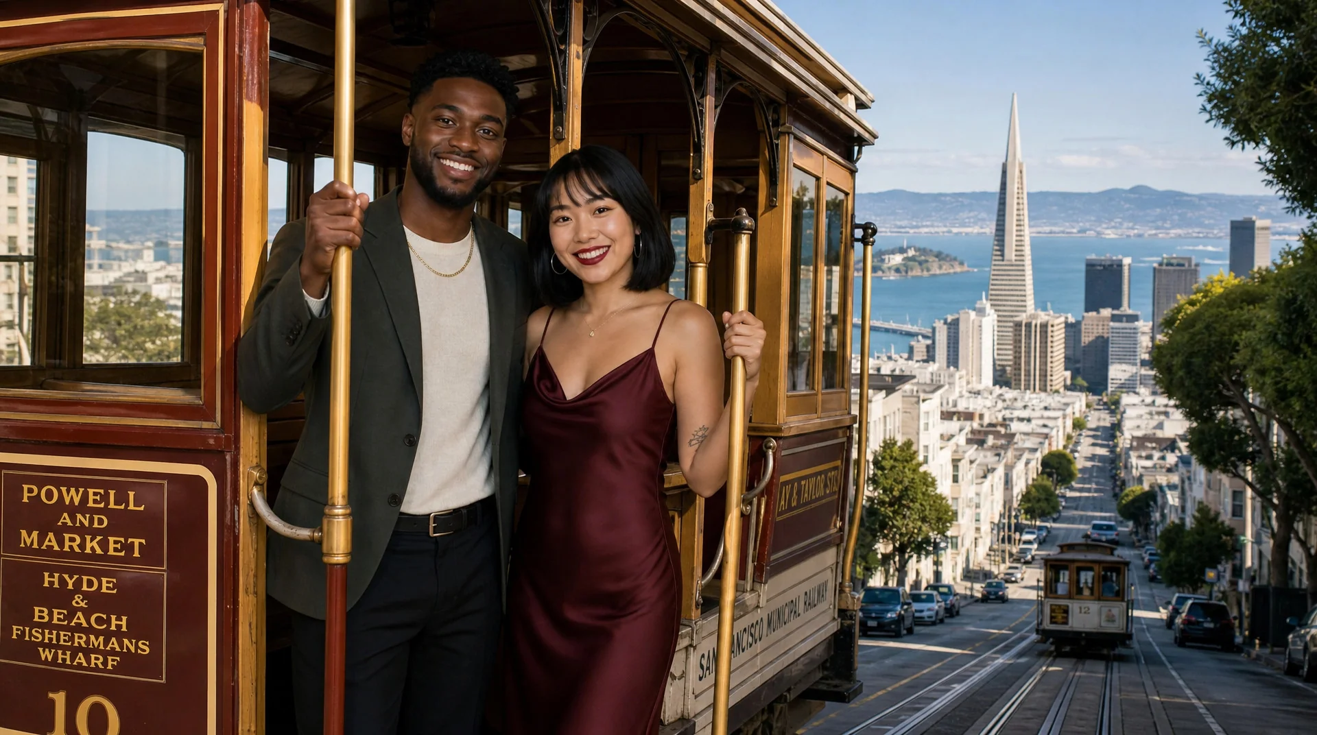 AI photo booth sample: a couple on a San Francisco cable car