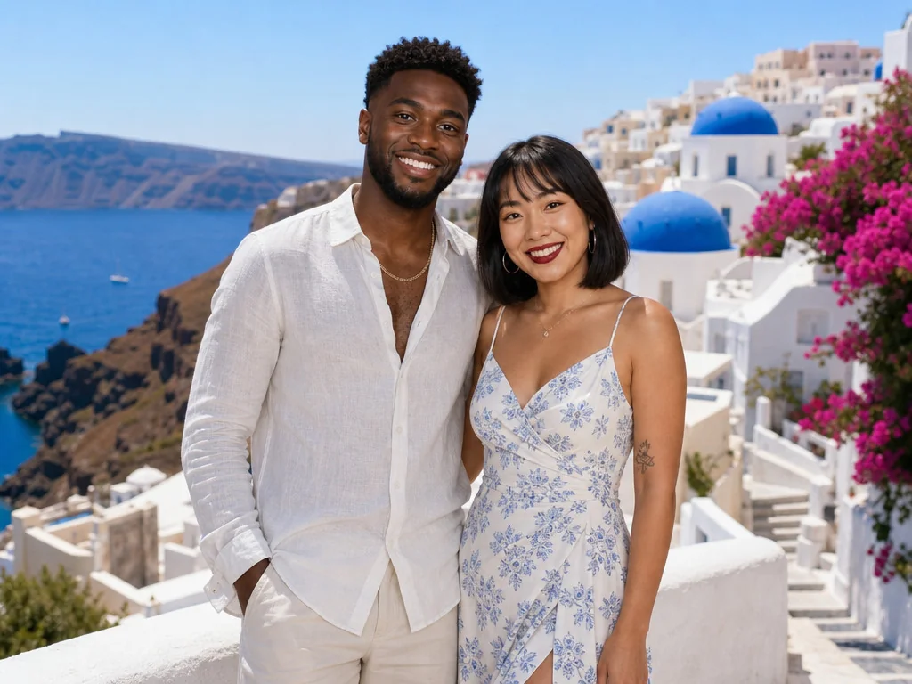 Santorini Greece — AI photo booth effect, Couple rendering