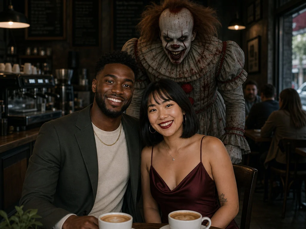 Scary Clown Coffee Shop — AI photo booth effect, Couple rendering