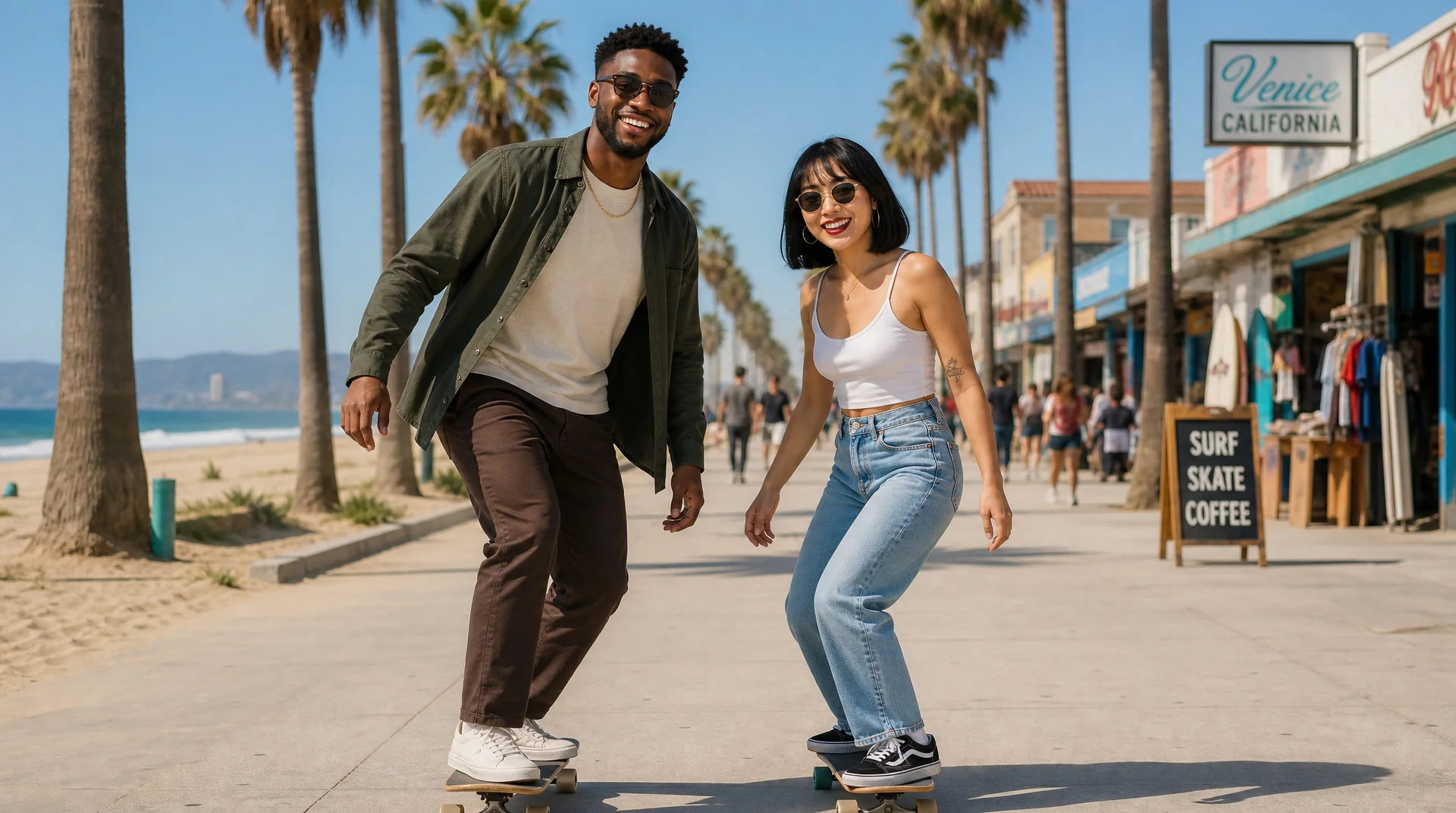 AI photo booth sample: a couple skateboarding on a California beach