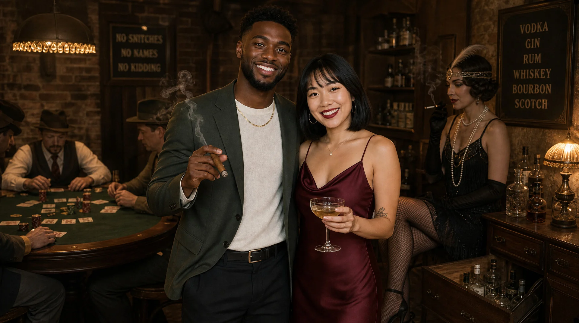 AI photo booth sample: a couple in a 1920s Chicago speakeasy