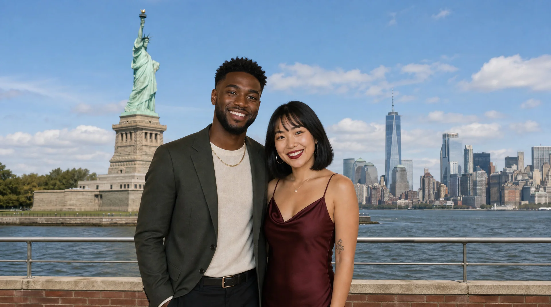 AI photo booth sample: a couple at the Statue of Liberty