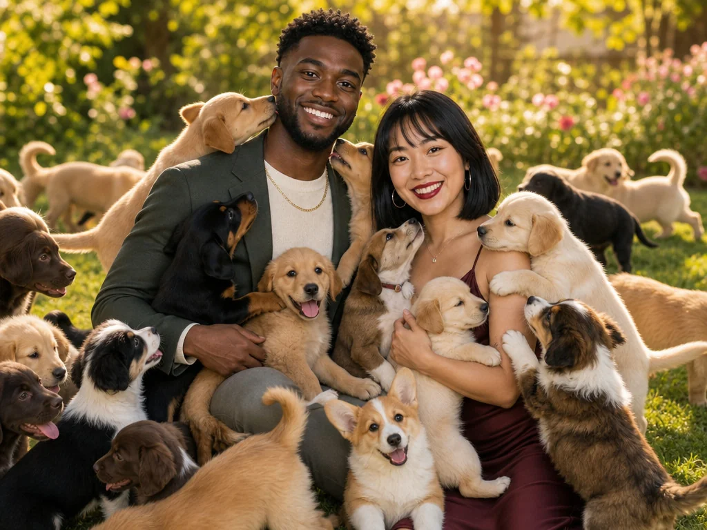 Surrounded by Puppies — AI photo booth effect, Couple rendering