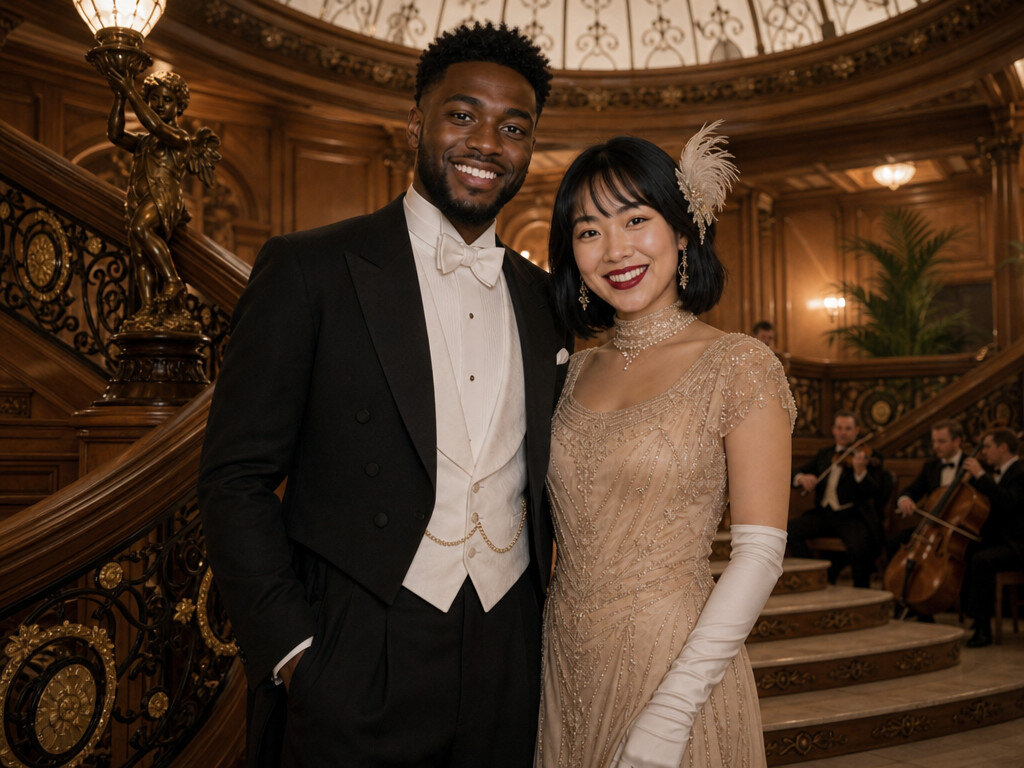Titanic Grand Staircase — AI photo booth effect, Couple rendering