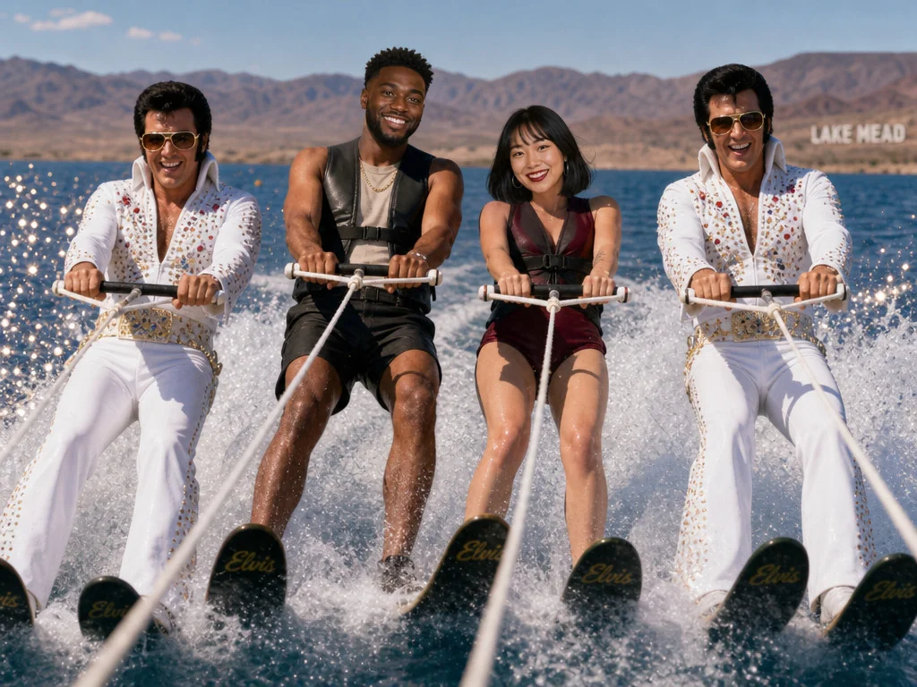 Water Ski with Elvis — AI photo booth effect, Couple rendering