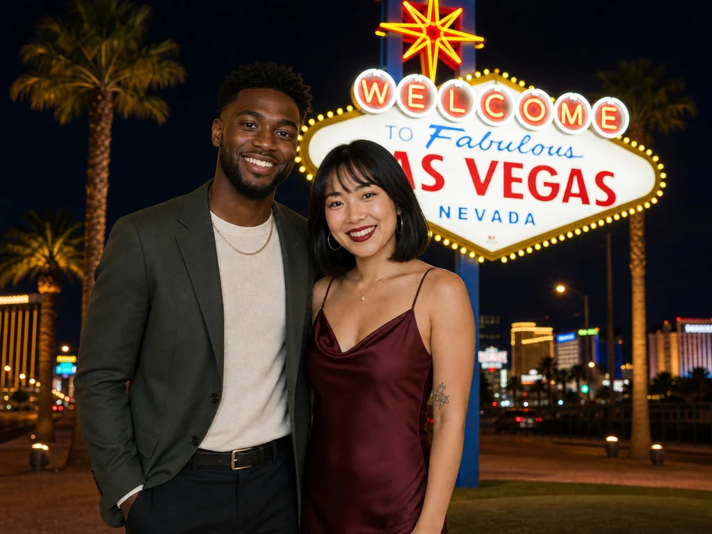 Welcome to Las Vegas Sign (Night) — AI photo booth effect, Couple rendering