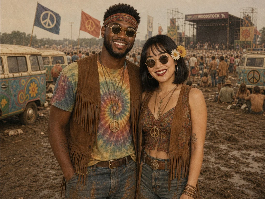 Woodstock 1969 — AI photo booth effect, Couple rendering