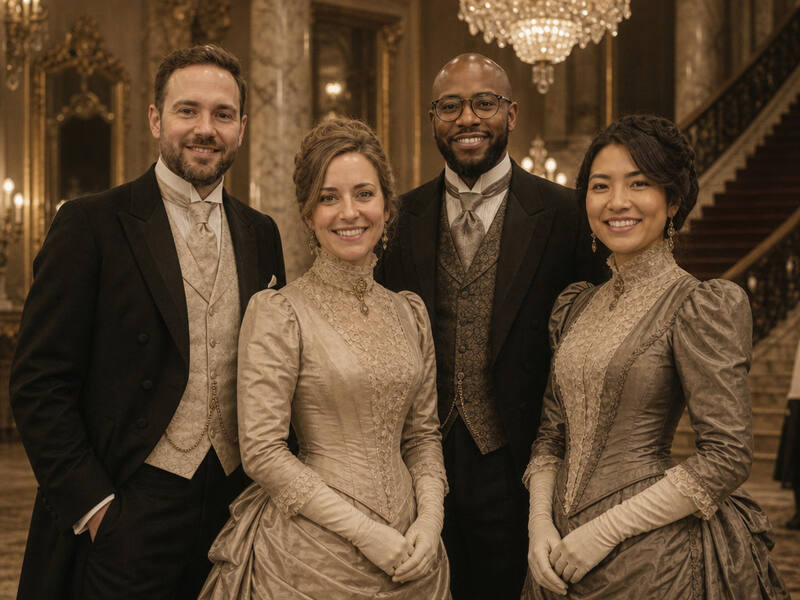 1880s Gilded Age New York AI photo booth effect — Group rendering