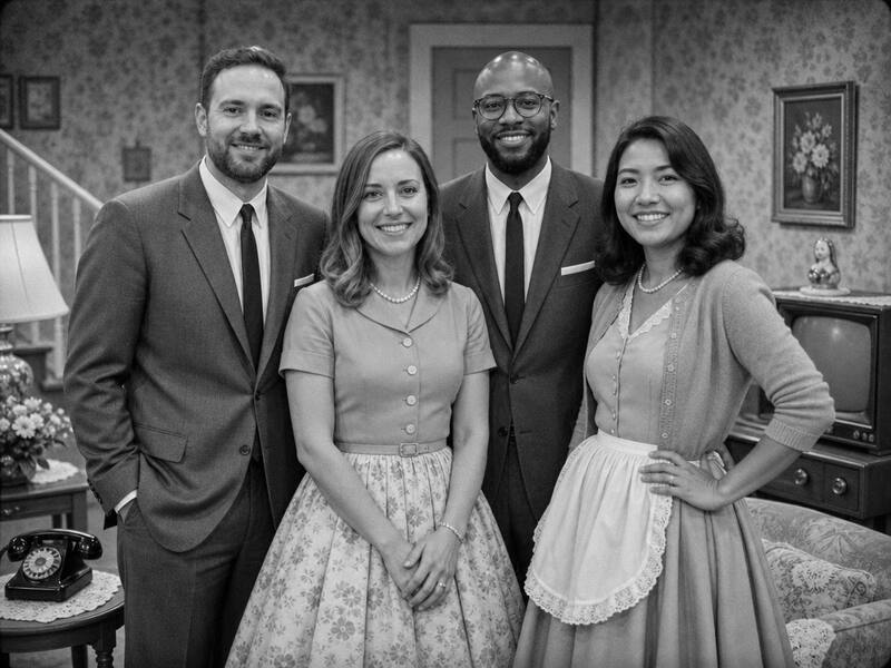1950s TV Sitcom AI photo booth effect — Group rendering