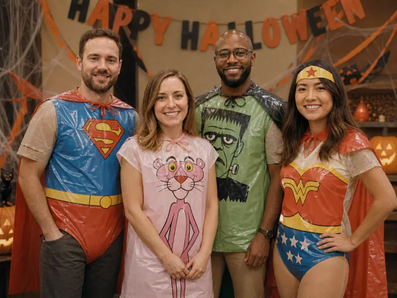 1970s Halloween Plastic Costume AI photo booth effect — Group rendering