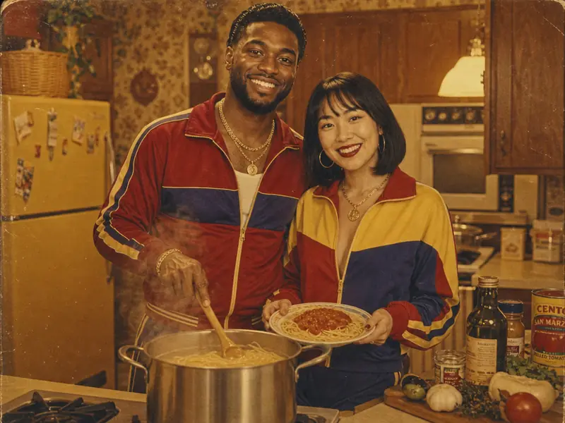 1970s Mafia Kitchen Spaghetti AI photo booth effect — Couple rendering