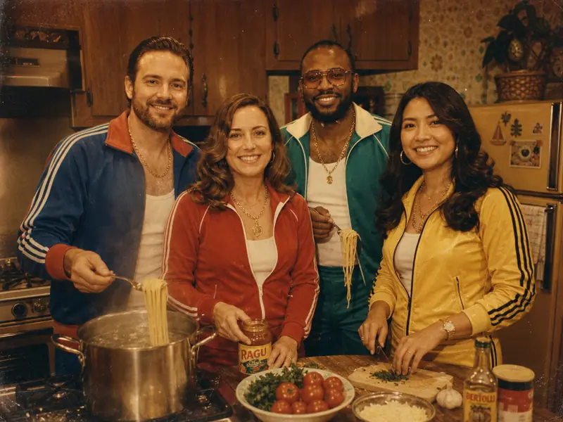 1970s Mafia Kitchen Spaghetti AI photo booth effect — Group rendering
