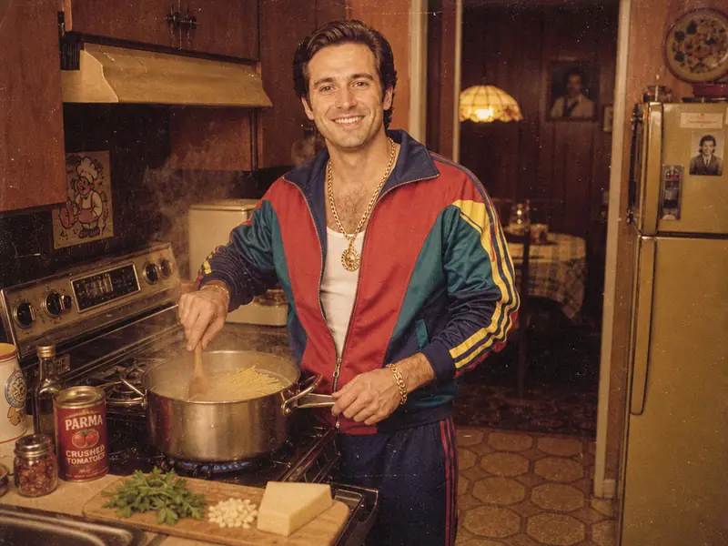1970s Mafia Kitchen Spaghetti AI photo booth effect — Solo rendering
