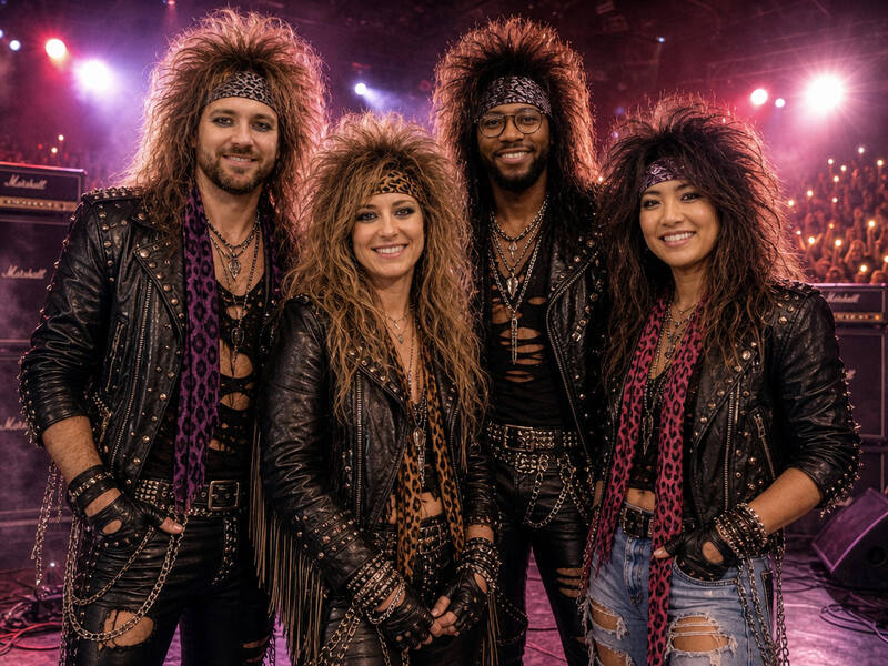 1980s Hair Metal Band AI photo booth effect — Group rendering