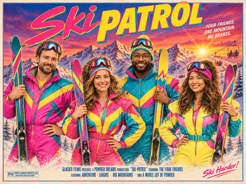 1980s Ski Movie Poster AI photo booth effect: Group rendering