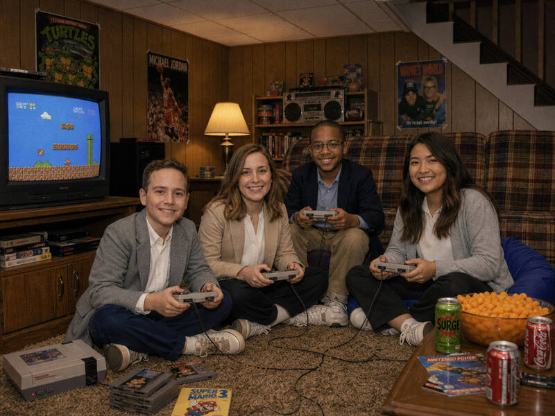 1990s Basement Game Night AI photo booth effect — Group rendering