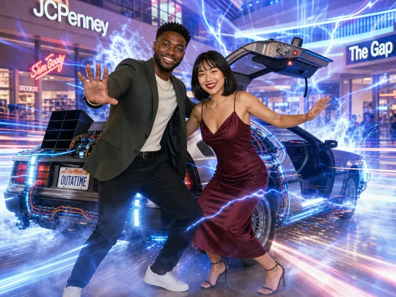 Back to the Future DeLorean AI photo booth effect — Couple rendering
