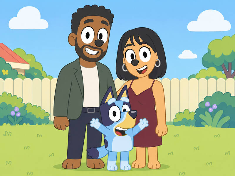 Bluey Cartoon Style AI photo booth effect: Couple rendering