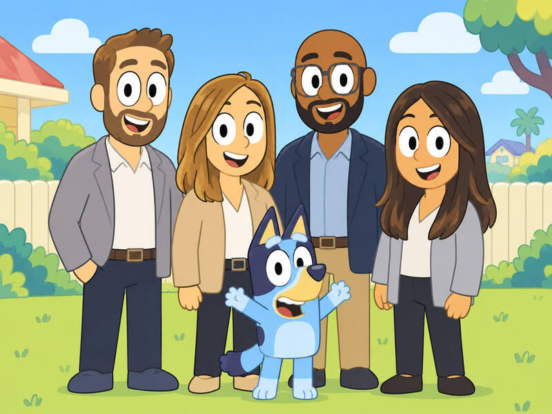 Bluey Cartoon Style AI photo booth effect: Group rendering